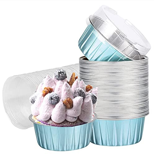 OUKEYI Lot de 50 moules à cupcakes avec couvercles, 125 ml, moules à muffins jetables en aluminium (cafran)