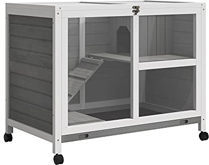 PawHut Cage à Lapin clapier sur roulettes Petit enclos Animaux en Bois Massif 2 étages Toit ouvrant Plates-Formes 91,5 x 53,3 x 73 cm Gris