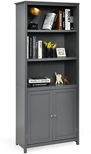 COSTWAY Wooden Storage Cabinet, Floor Standing Cupboard Tall Sideboard with 3-Tier Open Shelves and 2 Doors, Home Living Room Entryway Hallway Display Organiser Unit (Grey)