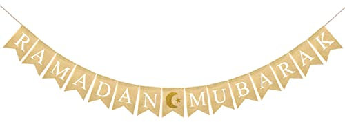 FAKTEEN Ramadan Mubarak Sackleinen-Banner mit Glitzer Mond und Sternzeichen Ramadan Mubarak Wimpelkette Banner für Kaminsims Hängen Dekorationen