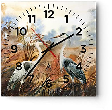Modern Wanduhr Kraniche Vögel Herbst 30x30cm Quadrat Klein Wand Uhr Glas Analog Zimmeruhren Küche Büro Wohnzimmer Glasuhr Wall Clock Dekoration Design Wanddekoration Küchenuhr C4AC30x30-5077