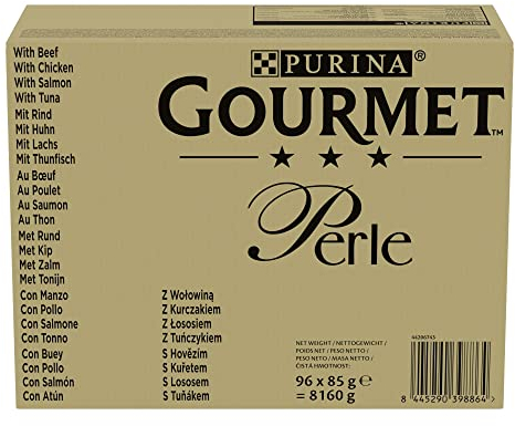Purina Gourmet Perlen Filets in Sauce Nassfutter für Katzen mit Rind, Huhn, Lachs, Thunfisch, 96 Beutel à 85 g
