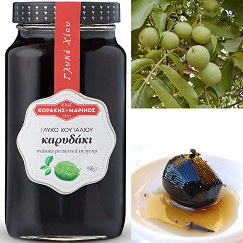 KORAKIS-MARINOS | Greek Sweet Fruit Preserve Walnuts in Syrup | Handmade Spoon Sweet Compote | Net Weight 950g, Glass Jar