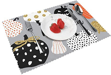 Happy-Halloween-Day-Trick-Or-Treat Tischunterlage, 4-teilig, bedruckt, ölbeständige und hitzebeständige Esstellermatte, geeignet für Küchentisch und Konferenztisch