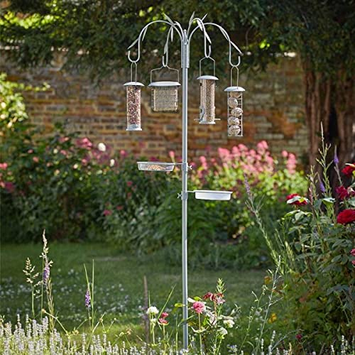 Garden Mile 4 Arm Bird Feeders Hanging Station Includes Metal Feeders For Seeds, Peanuts, Suet Balls, Suet Cakes Bird Feeder Seed Tray, Water Bath Hanging Brackets Garden Outdoor