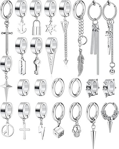 Diamday 25 Stück Ohrclips für Herren Edelstahl Kreuz Kette Baumeln Ohrringe Schwarz Huggie Ohrringe Non Pierced Punk Gothic Kpop Ohrringe Set Fake Creolen Ohrringe Silber
