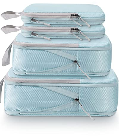 Meowoo Packing Cubes Compression 4 en 1 Set, Organizador de Maletas para Viaje con Compresión Expandibles Organizador de Equipaje de Impermeable Bolsas de Viaje para Maletas y Mochila, Azul Lago