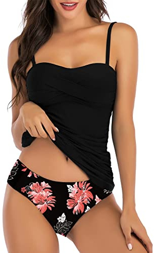 Yutdeng Tankini avec Armature Femme Maillot de Bain 2 Pièces Bikini Bandeau avec Bretelles Amovible et Triangle Bas de Swimwear Push Up Contrôle du Ventre Tankini Amincissant