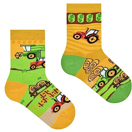 Spox Sox Casual Unisex für Kinder - lustige, mehrfarbige, bunte, verrückte, unterschiedliche gemusterte Socken für Individualisten, Gr. 27-30, Traktoren