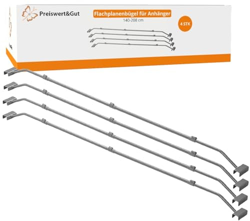 Preiswert&Gut Anhänger Planenbügel 4er Set verstellbar 152–220 cm | 4x Flachplanenbügel Set verstellbar für Pkw Anhänger Stahl Planenstütze mit Klemmbügel zur Abstützung