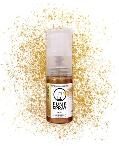Food Colours Essbares Glitzerspray NEW GOLD METALLIC 5G – Pumpe mit metallischem Pulver zum schnellen, effektvollen Dekorieren von Torten, Cremes, Gelees, Pralinen, Schokolade und Zuckerdekorationen.