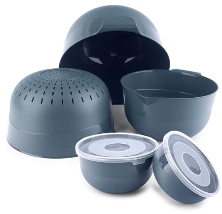 KADAX Schüsselset 5-tlg. mit Deckel, Salatschalen, Plastikschüsseln zur Aufbewahrung von Speisen, Obstschalen, Stapelbare Servierschalen, Rührschüsseln (Dunkelgrau)