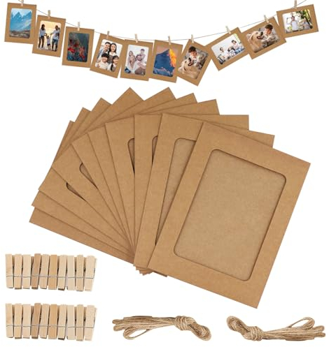 RAFIYU 20 Stück Kraftpapier Bilderrahmen Kleine Papier Bilderrahmen 11.5 * 15.5CM Karton Bilderrahmen mit 20 Holzklammern und Hanfseil DIY, Collage zum selbst gestalten (Braun)