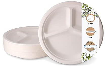 GREENBOX Lot de 50 assiettes à dîner en canne à sucre avec compartiments I Bols en bagasse en 3 parties I Assiettes compostables I Bol avec division blanche Ø 26 cm Pack avantageux