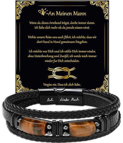 LEAFIA Tigerauge Lederarmband Herren, Armband Herren mit Gravur Ich liebe dich, Weihnachtsgeschenke, Geschenk für Ihn Hochzeitstag, Männer zum Valentinstag, Geburtstage, Ehemann (An Meinen Mann, 19)