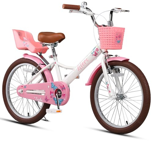 Glerc Sasha 20 tums barncykel för 7-, 8-, 9-, 10-, 11- och 12-åriga flickor i retro-vintagestil, barncyklar med dockcykelsäte & stödhjul & ställ, vit