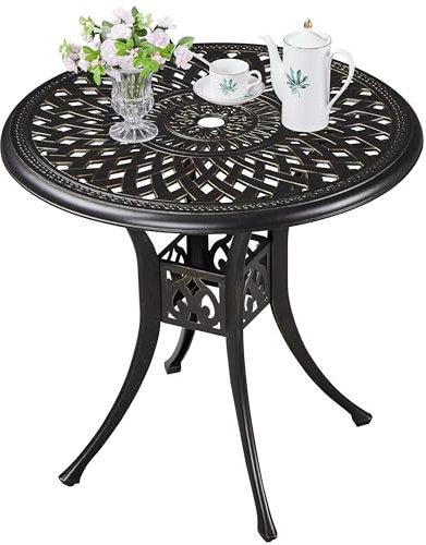 Yaheetech Table de Jardin Ronde Design Vintage en Aluminium avec Trou pour Parasol Patins Réglables Table de Bistrot Extérieur Diamètre 78 cm pour Patio Piscine Terrasse Fête Bronze