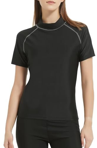 TERODACO Rash Vest Women Short Sleeve Sweat Wicking Swimming Tops for Women UV50+ Seamless Ladies Rash Guard Swimwear for Wetsuit Surfing Swimsuit,Stretchy Soft 112 Black Grey S