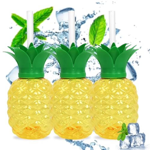 AMZLORD 3/6 Stück Hawaii-Sommerpartybecher, 500 ml, Ananas-/Erdbeerform, tropische Sommerbecher mit Strohhalm, kreative Geburtstagsparty-Dekoration