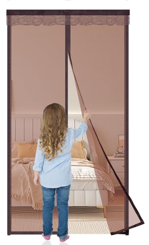 Mosquitera Puerta Magnetica 90x210cm,Cierre Automático, Instalación Fácil Sin Taladrar, para Puertas de Balcón y Patio, Cortina de Malla Fina Anti-Insectos,Marrón