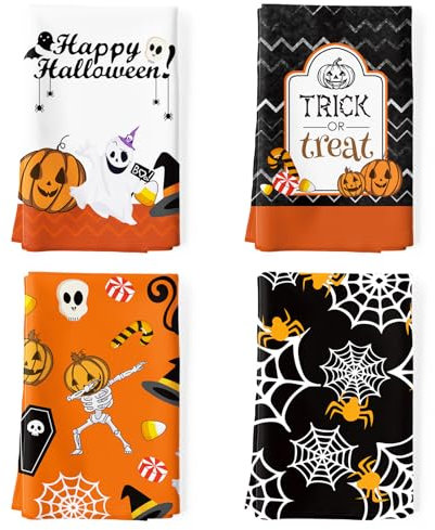 Arquiel Paños y Toallas de Cocina Algodon Set de 4 Halloween, Toallas de Plato 100% algodón Paño de Cocina Suaves y absorbentes Toallas de té y Toallas de Barra 50 x 70CM Dibujos Animados De Halloween