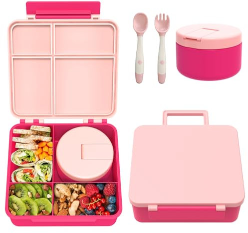 Lunch Box Kinder Set mit 300ml Thermobehälter für Essen, Auslaufsicher Brotdose Kinder mit 4 Fächern, Isolierte Lunchtasche, BPA-Freie Thermo Lunchbox Kinder, Schule, Ausflüge (Rosa)