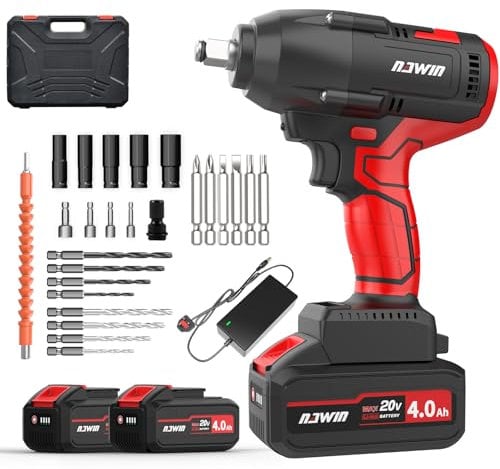 NAWIN Cordless Impact Wrench, 1/2 Inch, 600N.m(450 ft-lbs) Brushless Impact Gun with 2×4.0Ah Batteries, Power Impact Wrench with Sockets Kit and Fast Charger