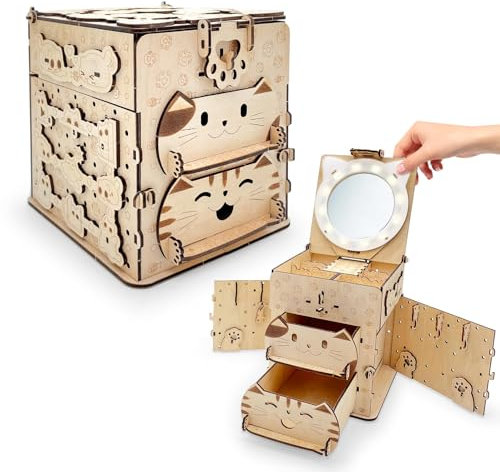 fisca 3D Holzpuzzle Mechanische Schatzkiste, Katze Schmuckkästchen Baukästen für Kinder & Erwachsene, Brain Teaser DIY Handwerk Kit Hobbys Projekte Geschenk für Teens Mädchen Frauen