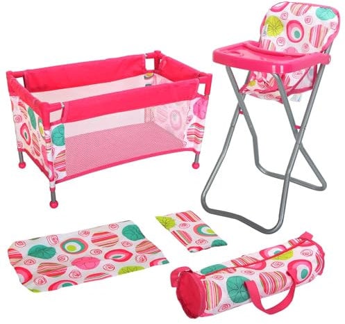 BiBi Doll Baby Doll Travel Cot & Highchair With Feeding Tray - Foldable Dolls' Playsets Baby Doll Bed Baby Doll Accessories Set