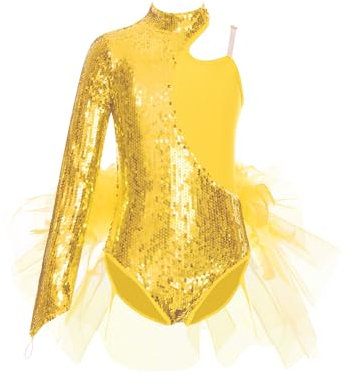 Miaeowve Kinder Turnanzug Mädchen Langarm Ballettanzug Pailletten Glitzer Tanzbody Mesh Tüll Patchwork Trikot Wettbewerb Performance Bekleidung Gold 134-140