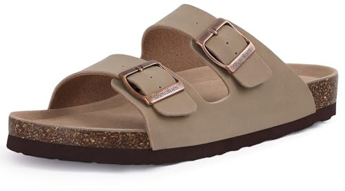 shevalues Women’s Cork Footbed Slide Sandal, Arch Support Summer Outdoor Sandals Mules with Adjustable Buckle Khaki
