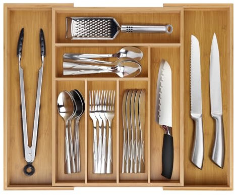 Sampoes Organizador Cubiertos, Bambú Cubertero, Extensible Organizador Cajones Cocina de 6 a 8 Compartimentos, Bandeja para Cubiertos para Cucharas Tenedores Cuchillos