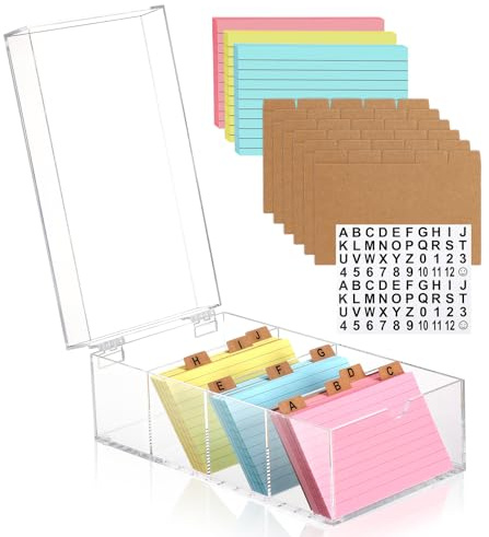 3 x 5 Inch Acrylic Index Card Holder Clear Index Card Box Note Card Organizer with 150 Ruled Lined Index Cards 30 Kraft Dividers A-Z Stickers 4 Divider for Holds 600 Cards Tabs Note Recipe Cards