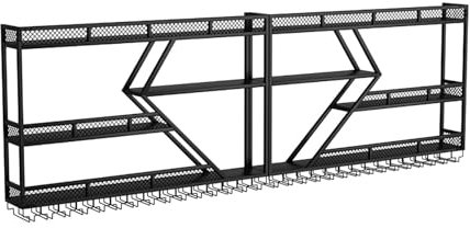 Casier à vin flottant avec support pour verre - Étagère murale robuste pour liqueur - 3 niveaux - Organiseur de rangement pour bar à domicile - Noir - Grande taille