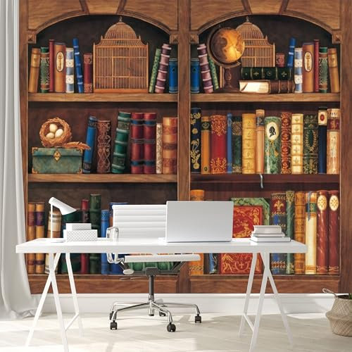 Vintage Wooden Bookshelf with Antique Books - Custom Size Wall Murals Self-Adhesive Removable Large Photo Wallpaper for Living Room, Bedroom, Bathroom, Office, Dining Room, Children's Room