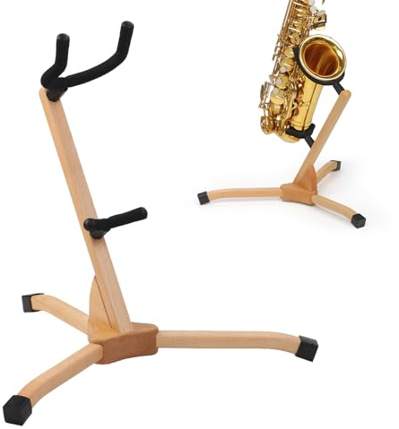 Saxophone Stand for Alto Tenor, Handmade Sax Floor Display Wood Holder Rack | Solid beechwood. Triangular non-slip leg prevent tipping. Rubber sponge pad arms protect sax finish. Smooth polished edges.
