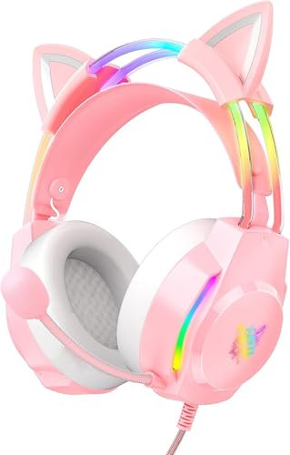 ONITOON Gaming Headset mit Katzenohren & Mikrofon – RGB-Regenbogenbeleuchtung & 7.1 Virtual Surround Sound – 3,5-mm-kabelgebundene Over-Ear-Kopfhörer für PC/PS4/PS5/Xbox/Switch (Ergonomisches Design)
