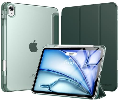 MoKo Cover per iPad Air 11 Pollici Case M3/M2 2025/2024, iPad Air 5a/4a Gen 10,9 Custodia 2022/2020 con Portapenna, Cover Trifold Sottile e Leggera con Retro in PC Rigido Traslucido, Verde notte