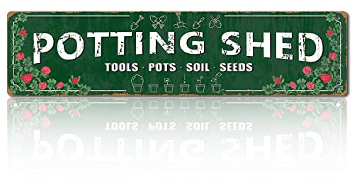 Potting Shed Tools Pots Soil Seeds Vintage Tin Sign Rustic Decor Home Garden Patio Wall Decoration Art Home Decoration Sign 4x16 Inch Metal Sign…