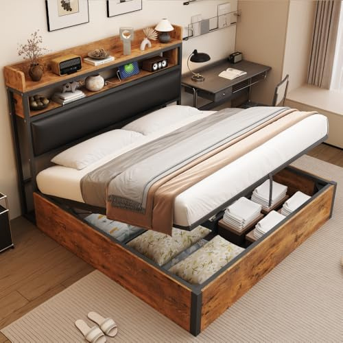 Wyibwy Letto matrimoniale con contenitore, struttura letto 180x200 con sollevamento idraulico, letto in legno con USB, Testiera imbottita con vano contenitore, design retrò in legno e metallo, Nero