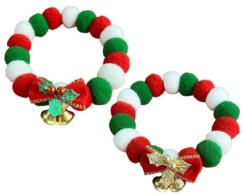 2 Pièces Collier de Noël pour Animal de Compagnie, Rouge et Vert Colliers de Noël pour Chat avec Pompon et Cloche, Doux Réglable Anneau de Cou pour Chats et Chiens (M)