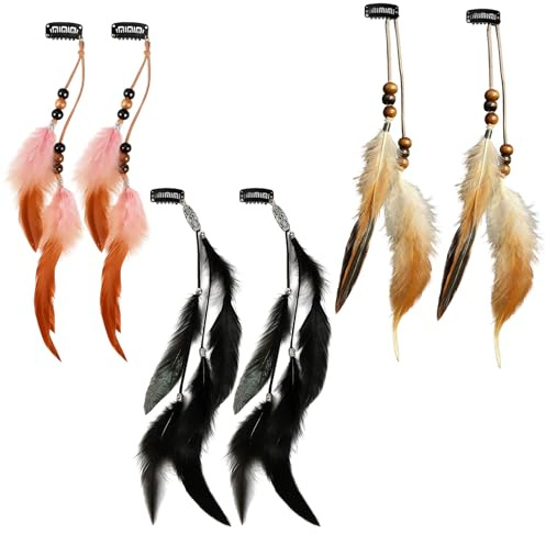 6 Stück Feder Haarschmuck Clip, Haarschmuck Damen, Federn Haarextensions, Boho Kopfschmuck für Faschingskostüm Karneval Verkleiden Cosplay Haardeko Zubehör