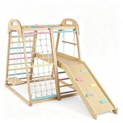 HOMASIS Klettergerüst Indoor, 8 in 1 Kletterdreieck mit Rutsche, Schaukel, Kletternetz, Strickleiter, Kletterleiter, Kletterfelsen & Affenstangen, Holz Spielplatz Kletterspielzeug ab 1 Jahren (Bunt)