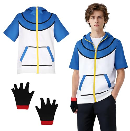 bechoanigel Anime Cosplay Kostüm, Klassisches Anime Kostüm, Ash Ketchum Kostüm Jacke Handschuh Set, Cosplay Anime, Erwachsene Unisex für Karneval Themenpartys Bühnenaufführungen Alltagskleidung