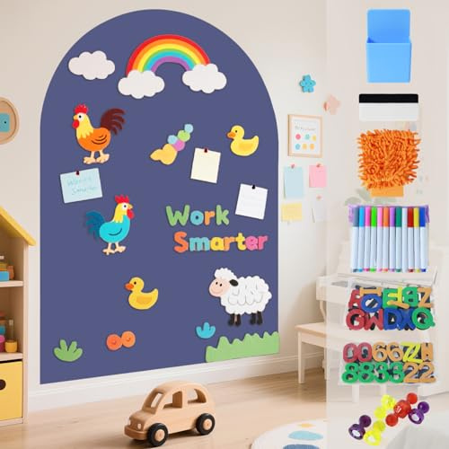 FOTSHARER Magnetic Wall Decal 100x80CM Self Adhesive Magnetic Board Play Wall Dusty Blue Magnet Chalkboard for Wall with Letters and 12 Color Chalk for Playroom Home Office School
