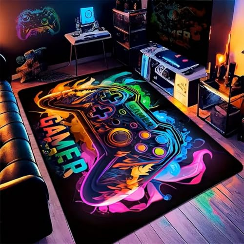 SOJAWA 3D Neon Gamer Teppich 120x180cm, Bunter Rauch Controller, Weicher Kurzflor Zocker Teppich, Waschbar & rutschfest, Coole Deko für Jungen Jugendzimmer, Gaming Room