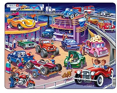Larsen US19 Rahmenpuzzle für Kinder I Sehr viel los auf der Autobahn I Puzzle ab 4 Jahre I Schönes Kinderpuzzle mit 58 Teilen I Spielen, Spaß & Lernen