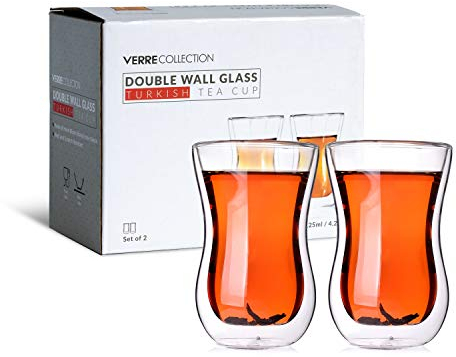 Verre Collection Turkish Tea Cups 4.25 oz, Lightweight Turkish Tea Glasses, Heat Resistant Double Wall Tea Cups, Insulated Turkish Tea Set of 2