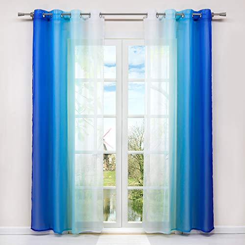 HongYa 2er-Pack Farbverlauf Gardinen Transparenter Voile Vorhänge Schals mit Ösen H/B 245/140 cm Blau