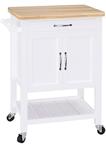 HOMCOM Kitchen Storage Trolley Cart Rolling Wheels Shelves Cupboard W/Drawer And Towel Rail Rubber Wood Worktop White